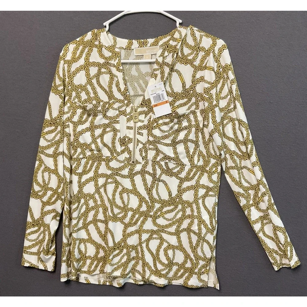 Michael Kors Shirt Womens Small Gold Chain Print Zip Front Long Sleeve Top S‎